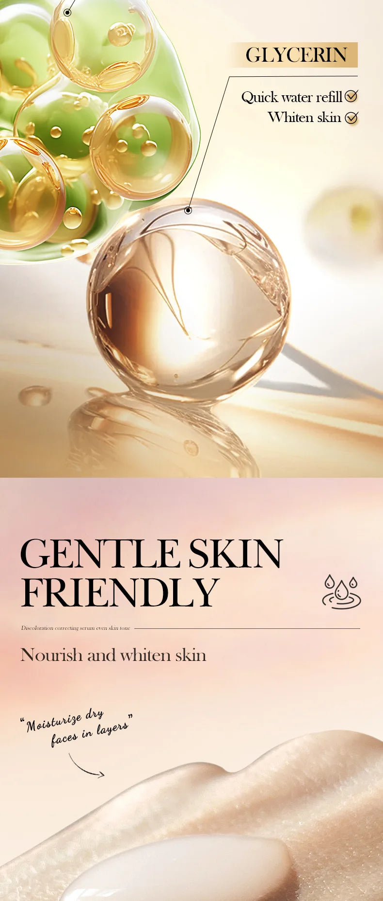 Glycerin skincare product with bubbles and a droplet on a soft background.