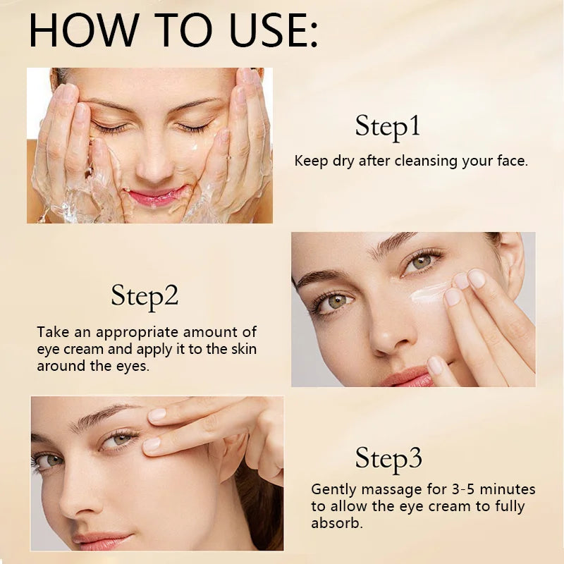 Instructions on how to use eye cream with step-by-step guidance and images of a woman applying the cream.
