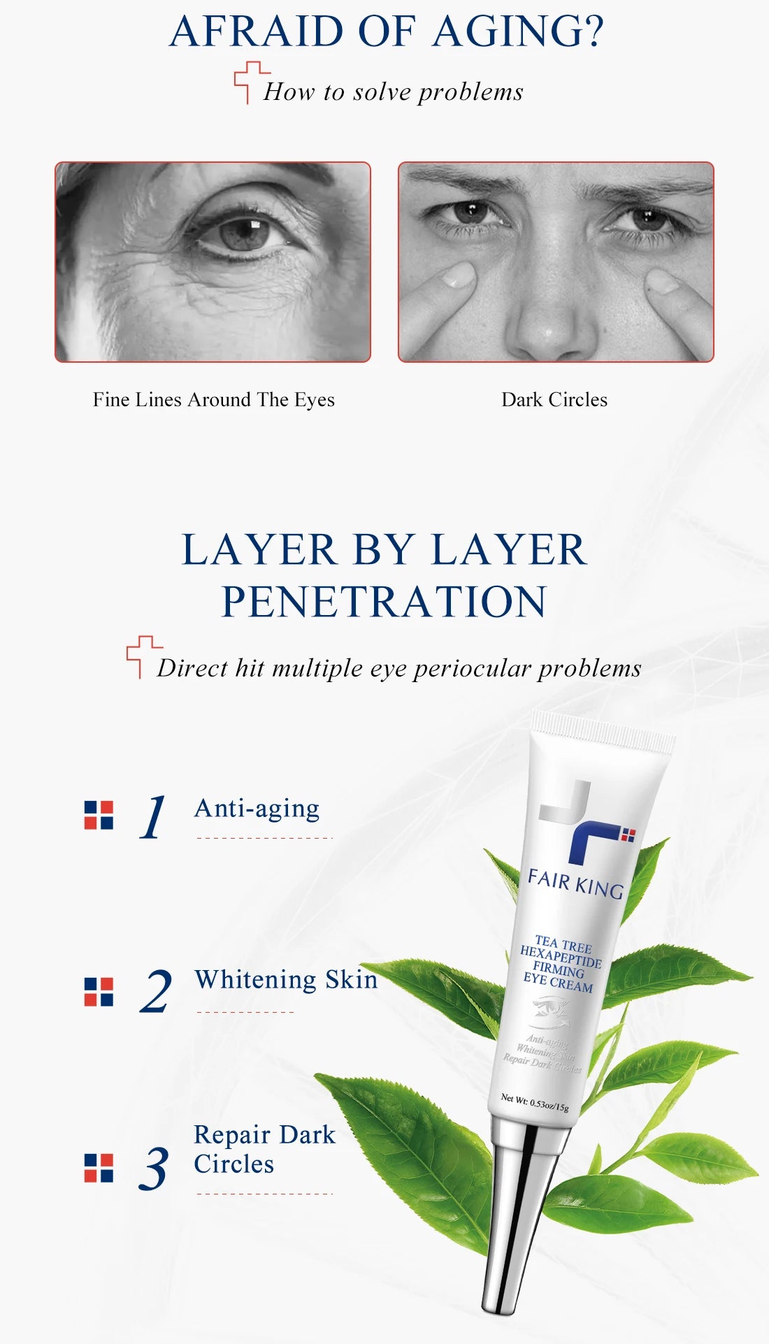 Advertisement for eye cream with text on aging and product features.