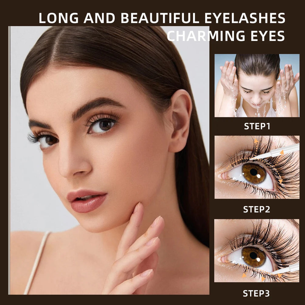 Woman with long, beautiful eyelashes and steps to achieve them on a brown background