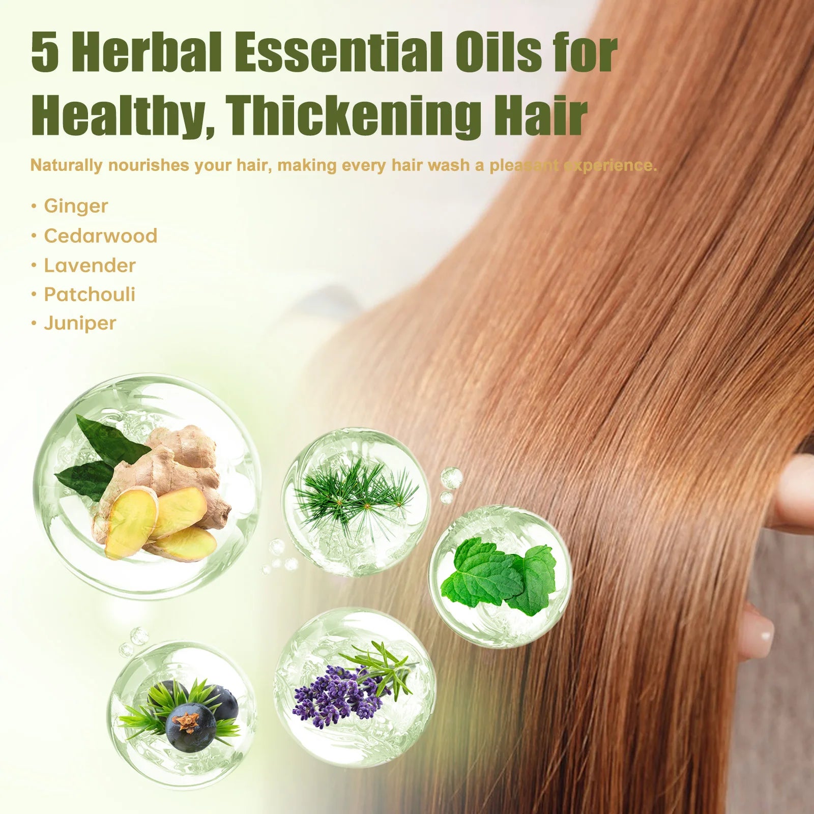 Promotional graphic for herbal essential oils for healthy, thickening hair with images of ginger, cedarwood, lavender, patchouli, and juniper.