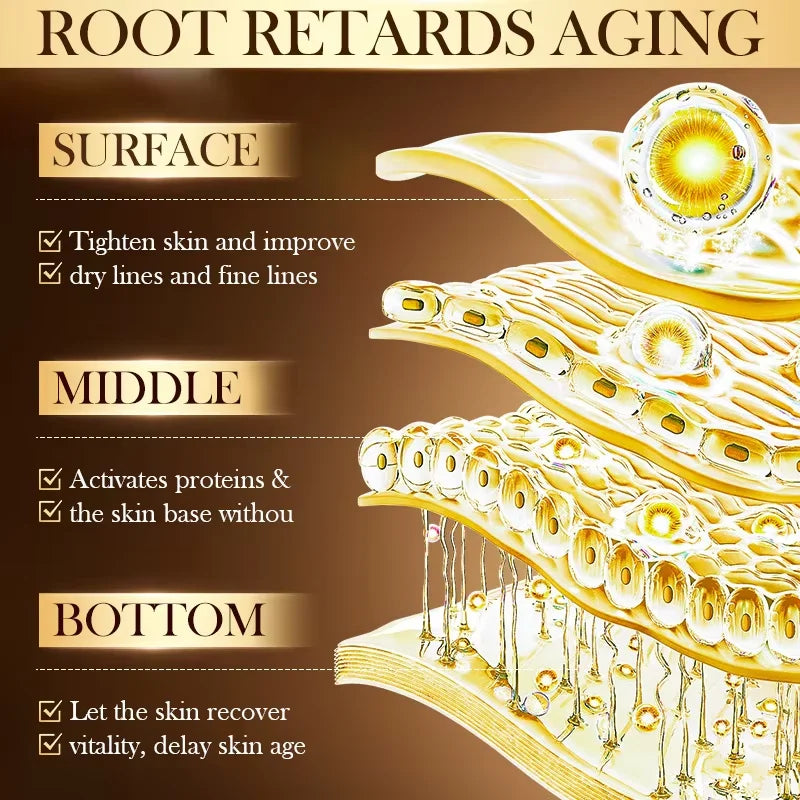 Cosmetic device with gold and white design on a brown background, featuring text about skin care benefits.
