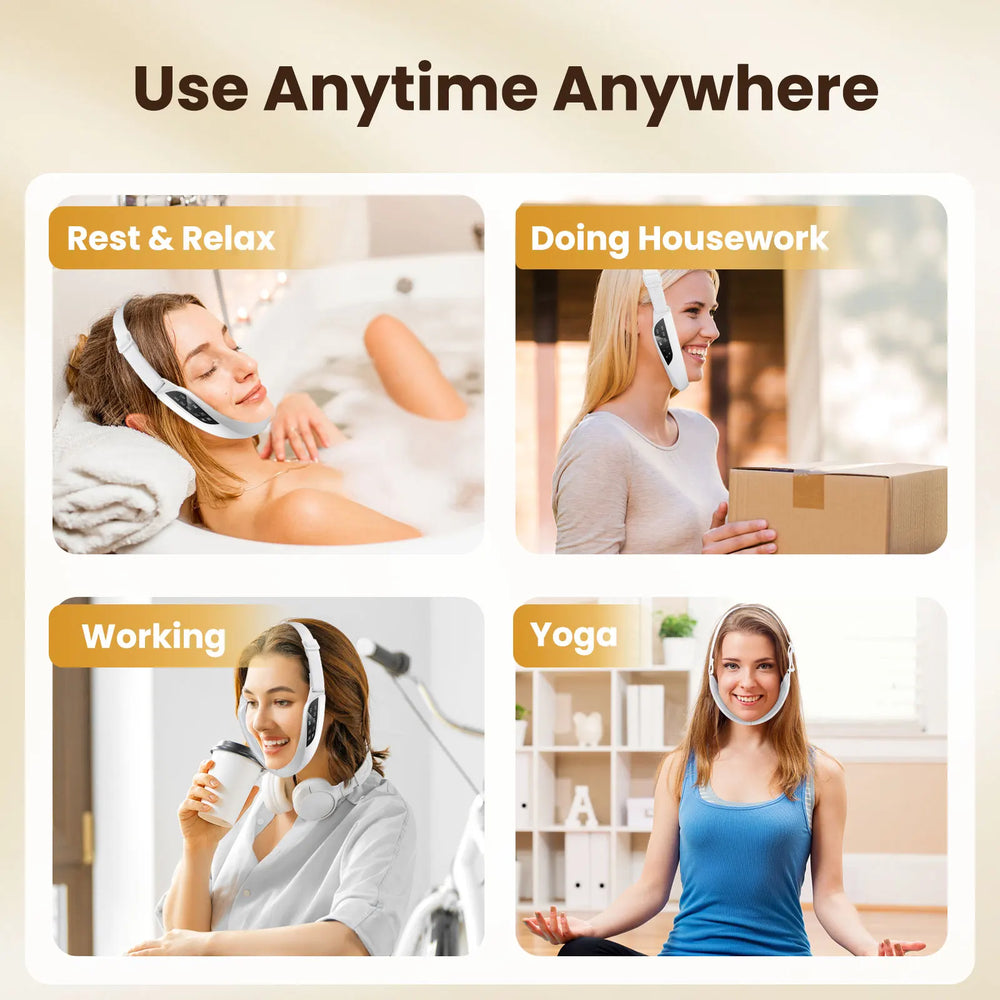 Four scenarios showing a person using a headband product: rest & relax, doing housework, working, and yoga.