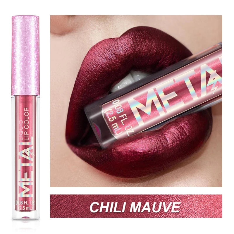 Lipstick with 'META' branding applied to lips, showing 'Chili Mauve' color.