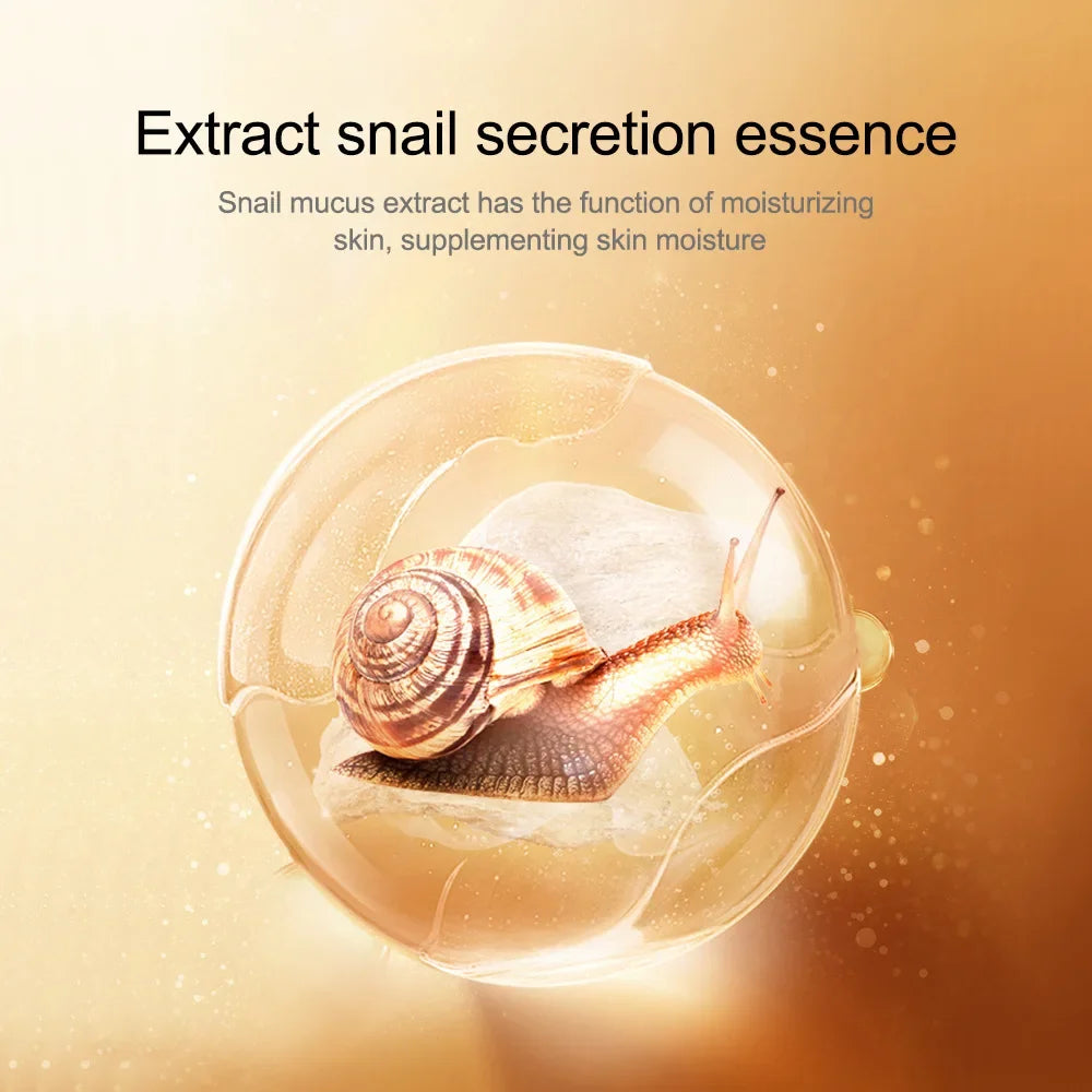 Snail on a transparent sphere with text about snail secretion essence on a gradient background