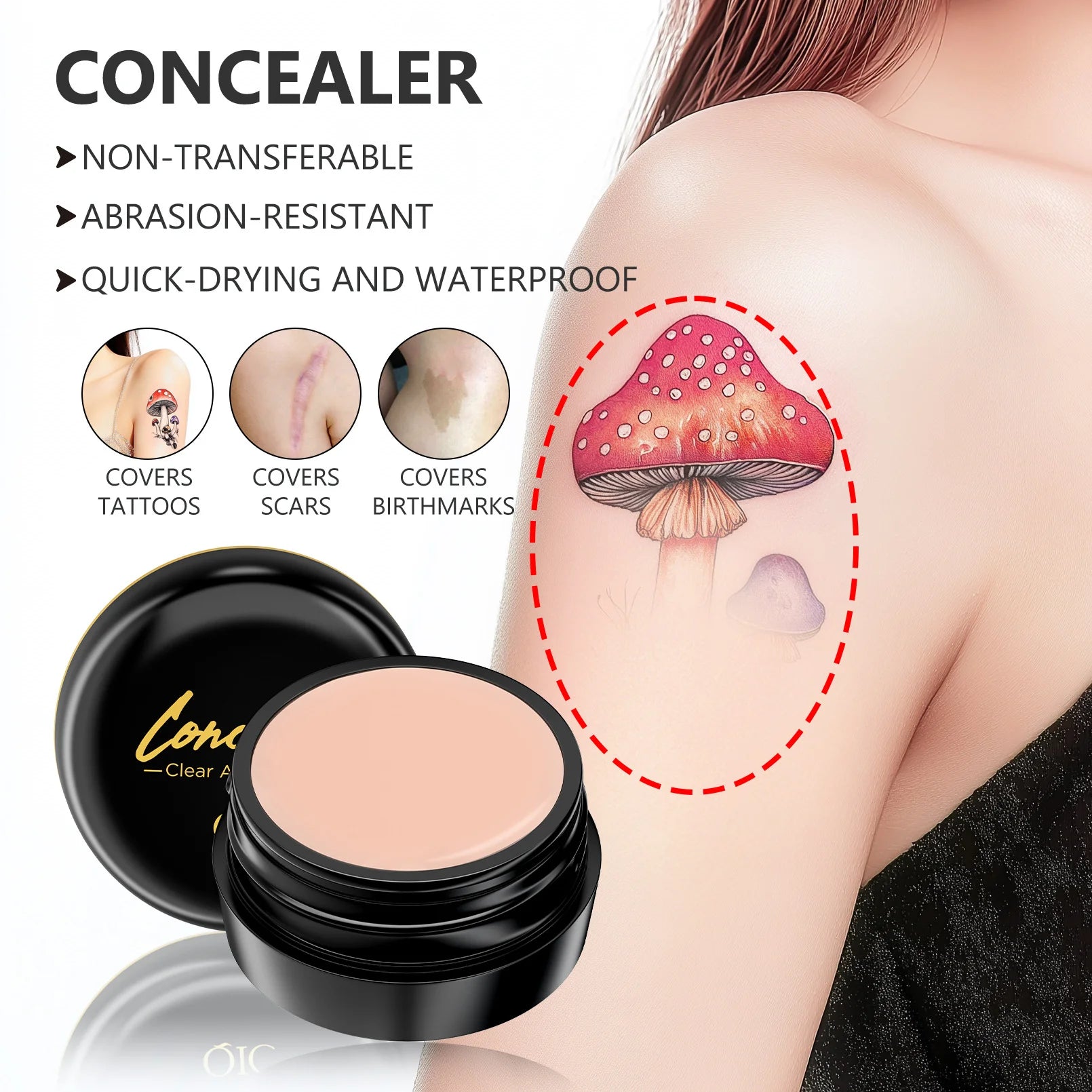 Concealer product with tattoo cover-up illustration on a white background