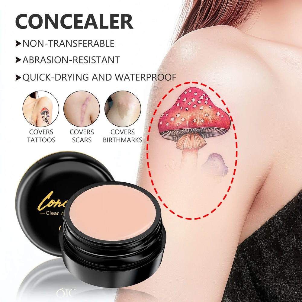 Concealer product with tattoo cover-up illustration on a white background