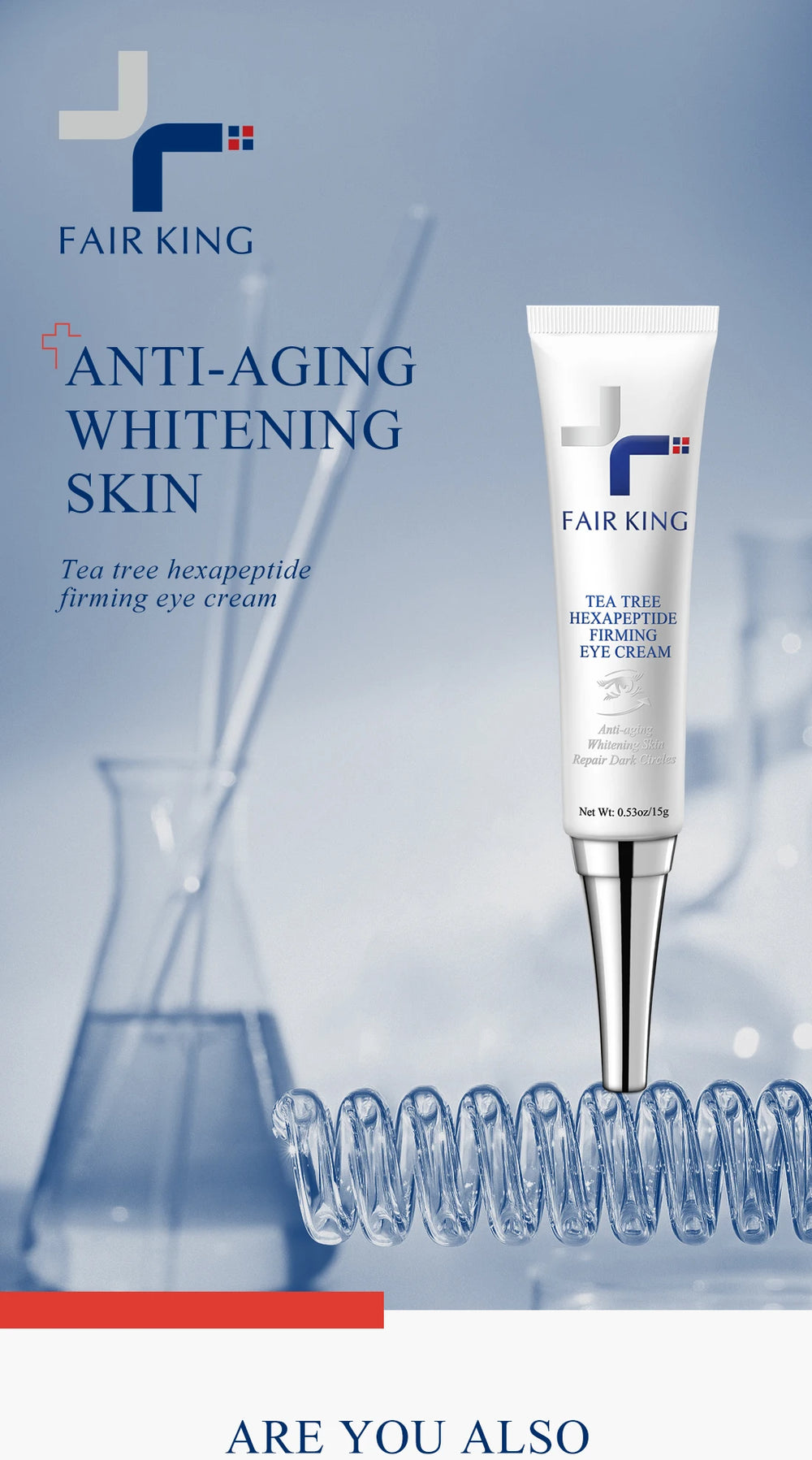 Fair King eye cream with text on a blurred laboratory background