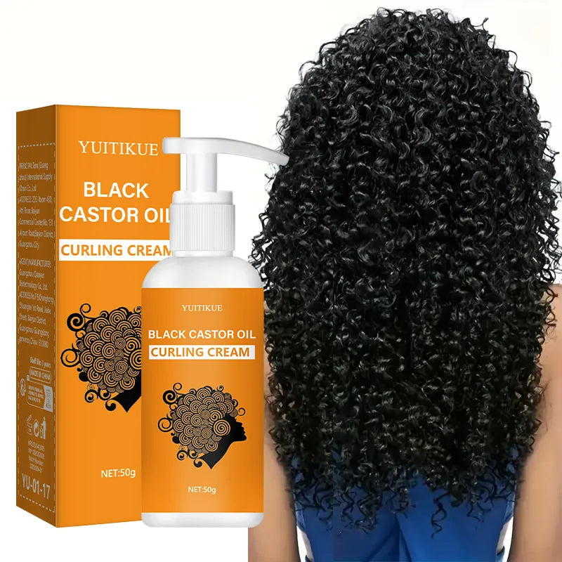 YUITIKUE Black Castor Oil Curling Cream with packaging and a person with styled hair.