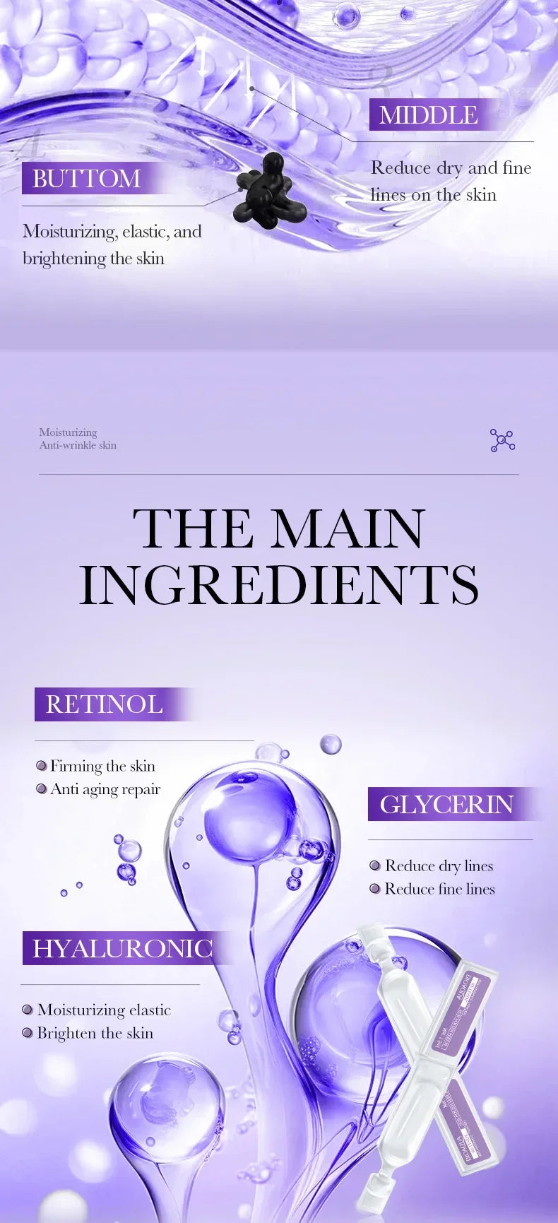 Skincare product packaging with ingredients listed on a purple background