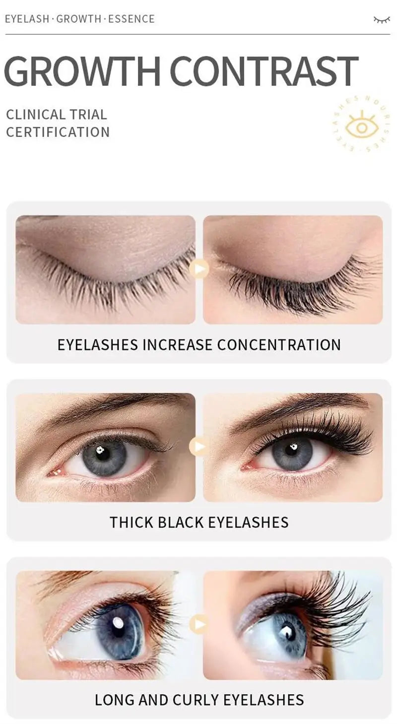 Advertisement for eyelash growth essence showing before and after effects on eyelashes and eyes.