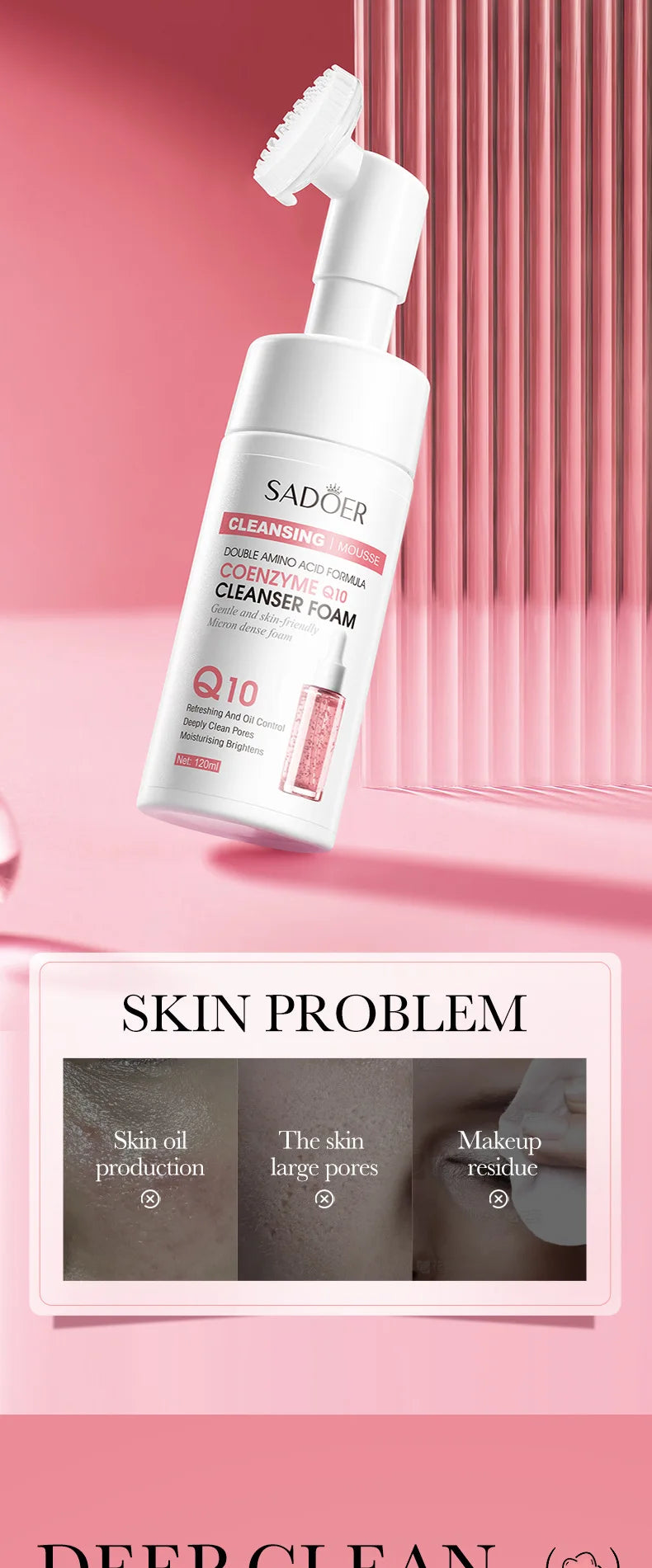 SADOKI cleanser foam bottle with pink background and text about skin problems.