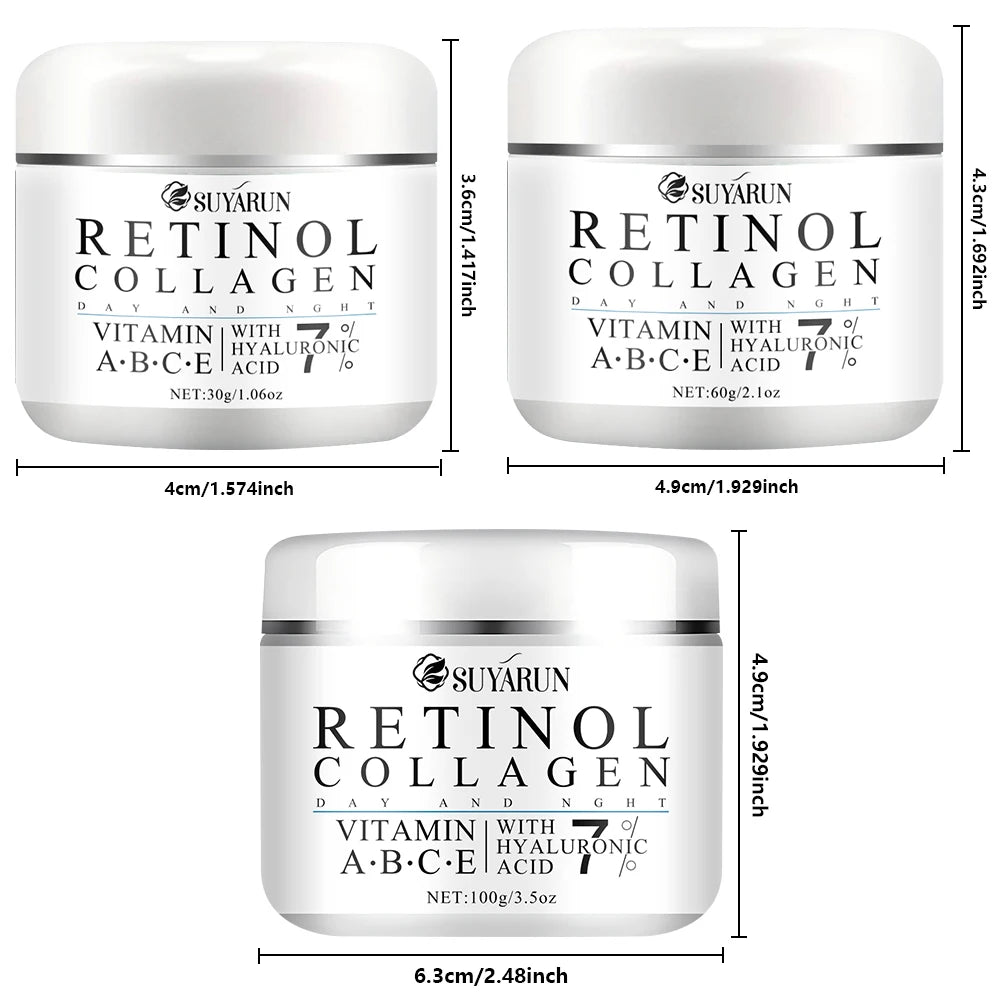 Three jars of Suyarun Retinol Collagen cream with dimensions displayed.