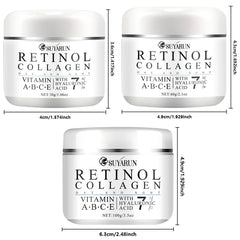 Three jars of Suyarun Retinol Collagen cream with dimensions displayed.