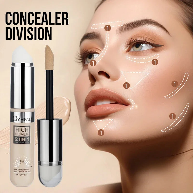 L'Oreal High Cover 2in1 concealer with a woman's face showing concealer application points.