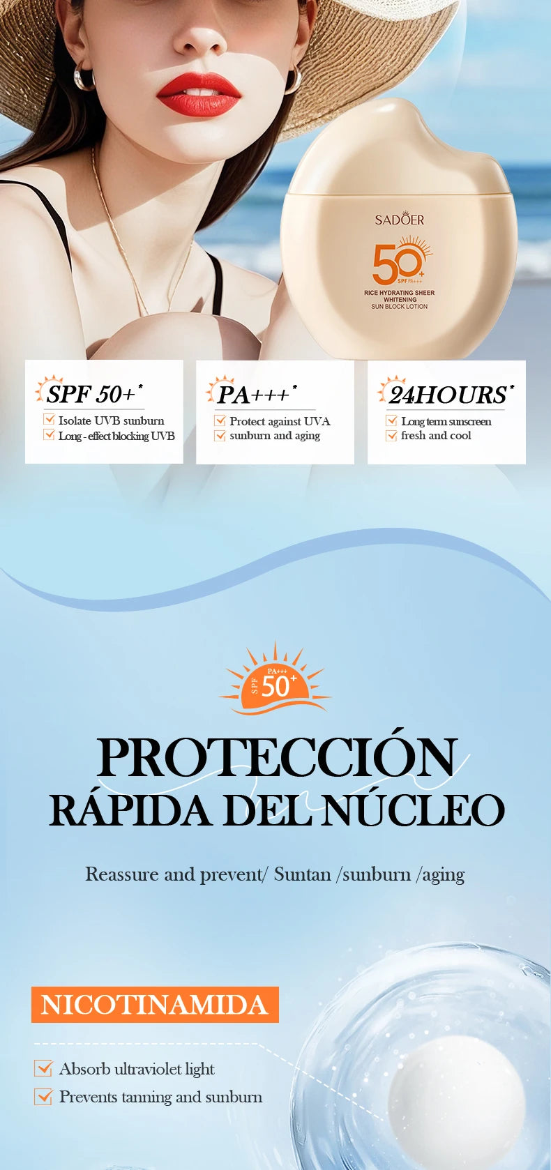 Sunscreen product with SPF 50+ on a blue and white background