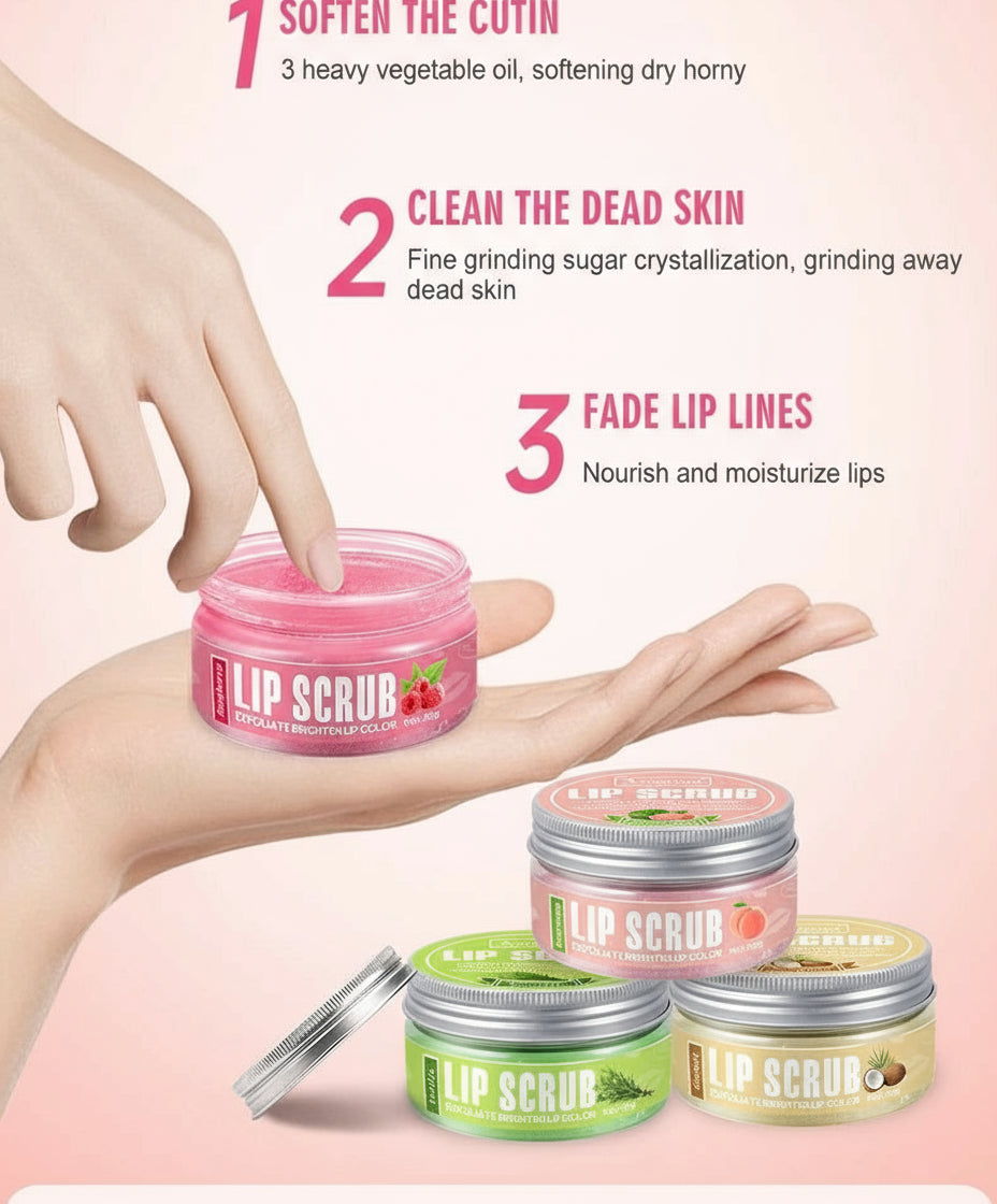 Lip scrub product with application steps on a pink background