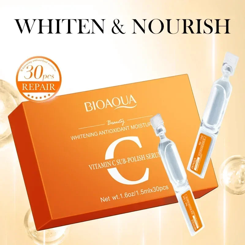 BIOAOUA vitamin C serum packaging with syringes on a beige background