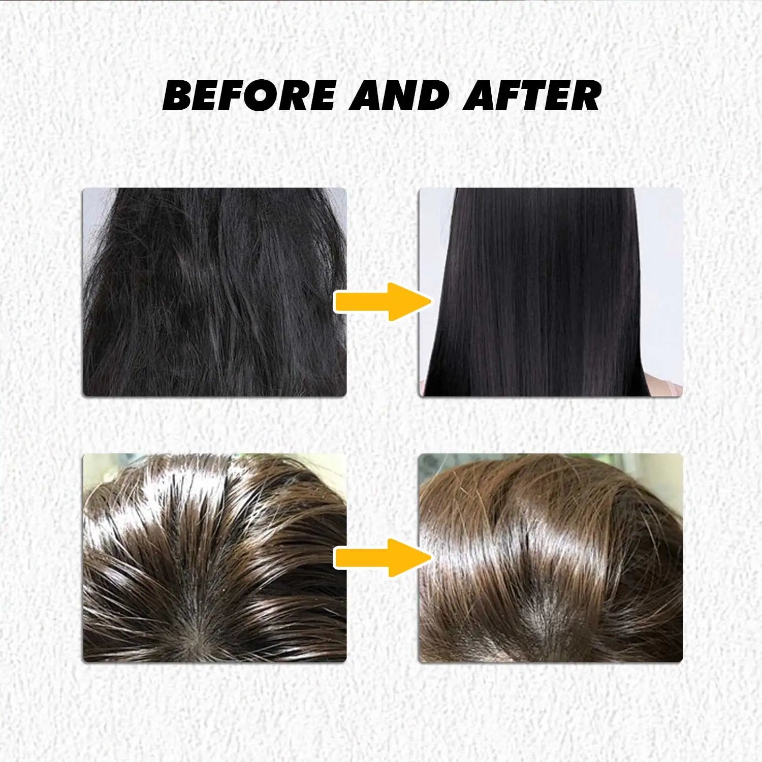 Before and after comparison of hair treatment on a white background