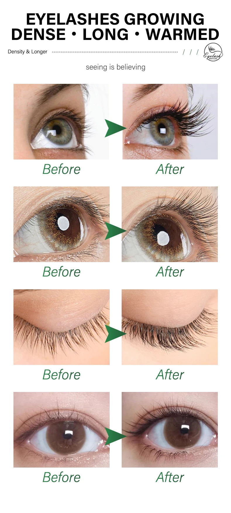 Before and after comparison of eyelashes with text indicating growth and warming effects.