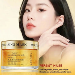 Moisturizing mask jar with a woman touching her face on a beige background