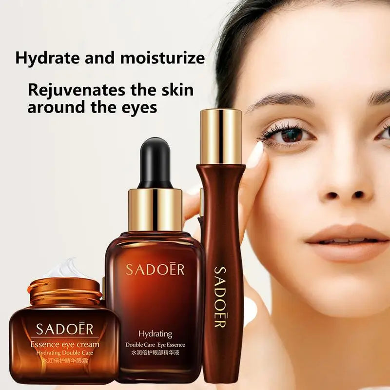 SADOER eye cream and serum bottles with a close-up of a woman's face, highlighting eye area.