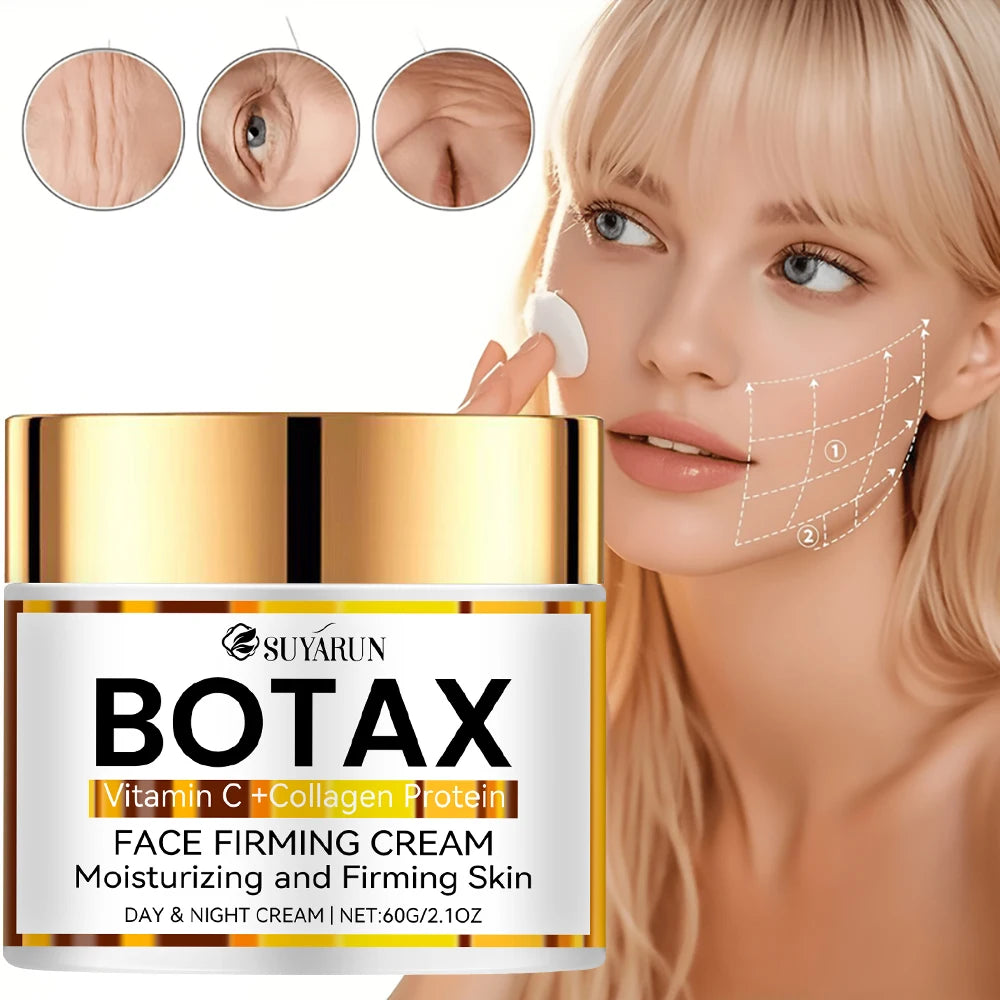 SUYARUN BOTAX face firming cream with a woman applying it and close-up skin before and after.