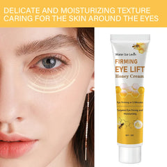 Firming eye lift honey cream tube with close-up of eye and text on a yellow background