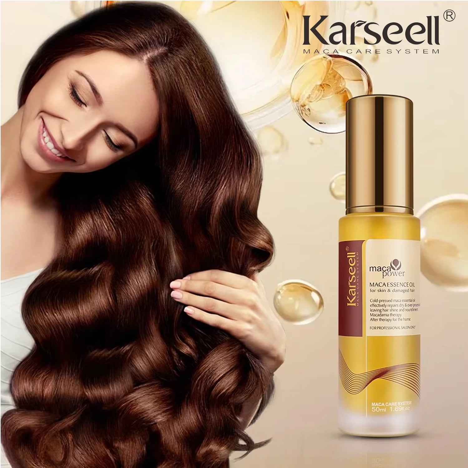 Woman with long, wavy hair next to a Karseell hair care product on a beige background