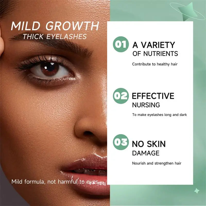 Advertisement for eyelash growth product with close-up of eye and text on a green background