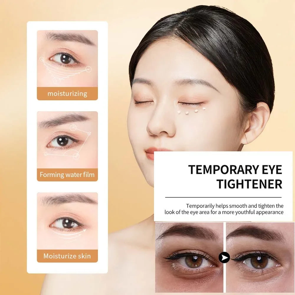 Advertisement for a temporary eye tightening product with before and after effects on a beige background.
