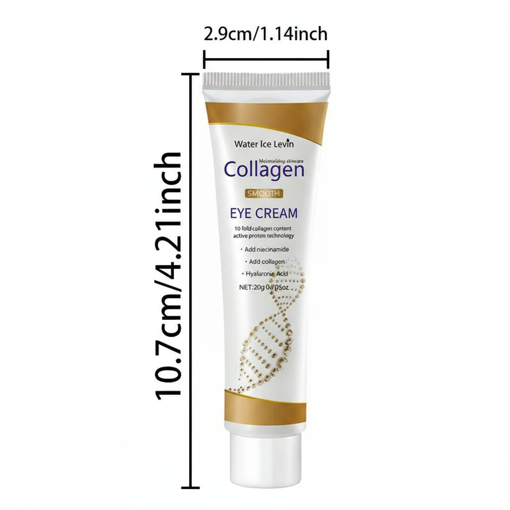 Collagen eye cream tube with measurements on a white background