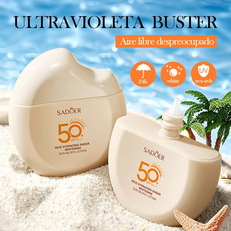 Sador sunscreen bottles on sand with beach background
