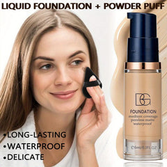 Foundation bottle with a woman applying it, featuring text about product features.