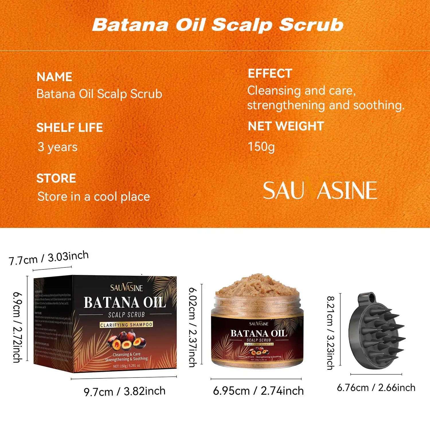 Product information and packaging of Batana Oil Scalp Scrub with dimensions and storage instructions.