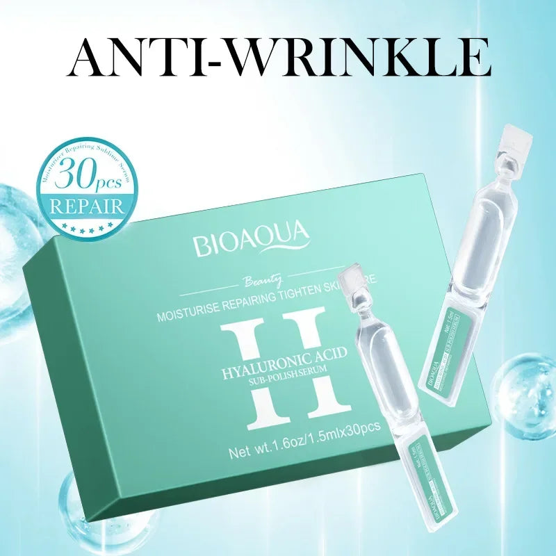 BIOAQUA anti-wrinkle serum packaging with text on a light blue background