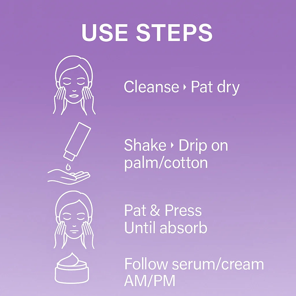 Step-by-step guide for using a skincare product on a purple background