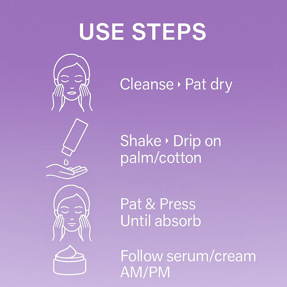 Step-by-step guide for using a skincare product on a purple background