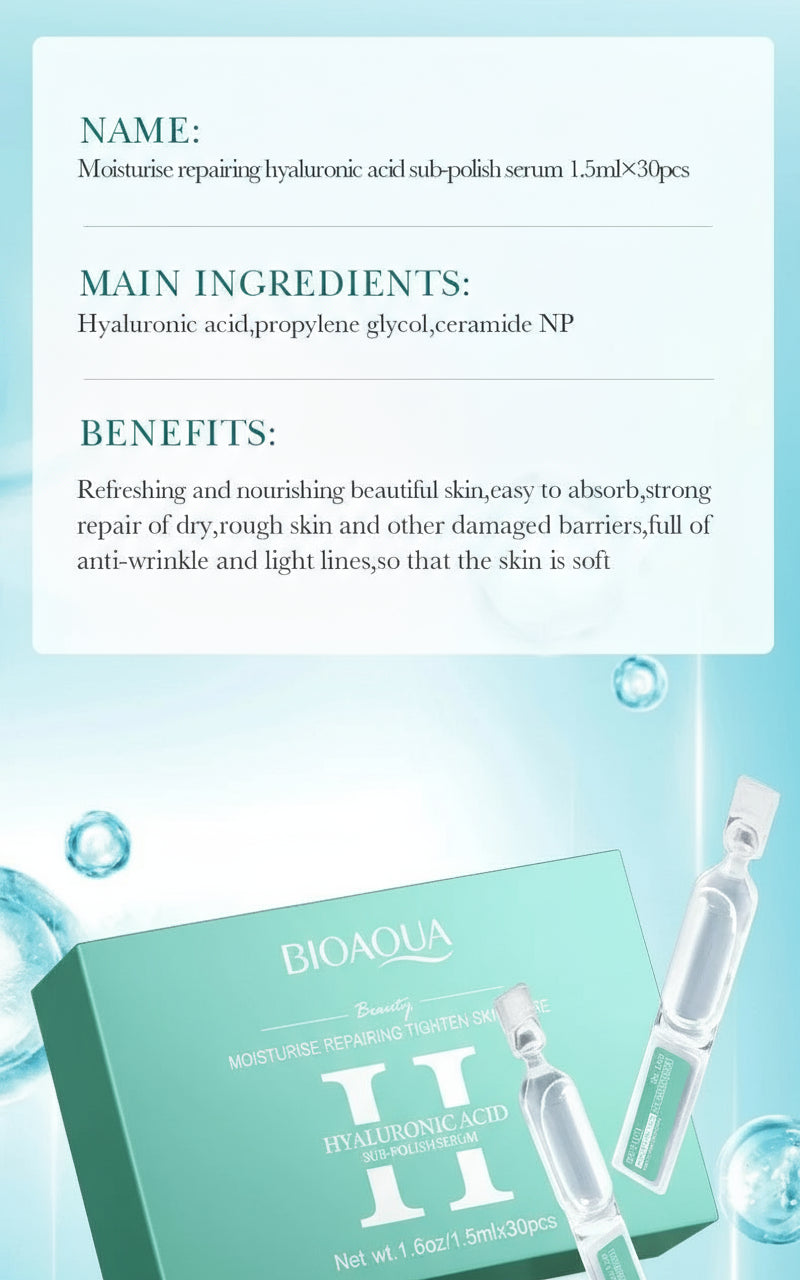 Bioaqua hyaluronic acid serum packaging with text on a light blue background