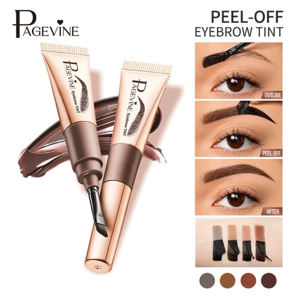 Pagevine peel-off eyebrow tint with application examples and color swatches on a white background.