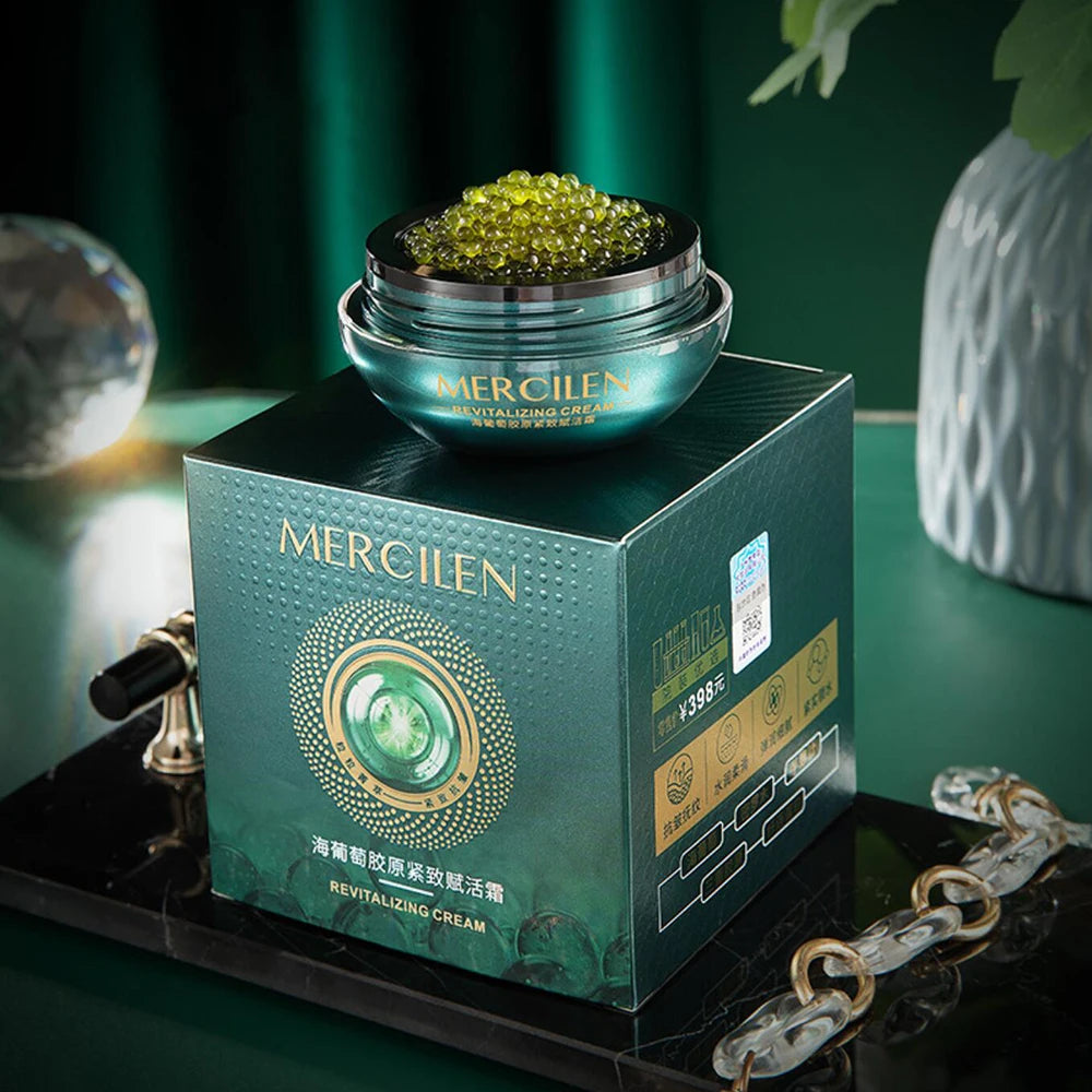 Mercilen revitalizing cream jar with packaging on a green background