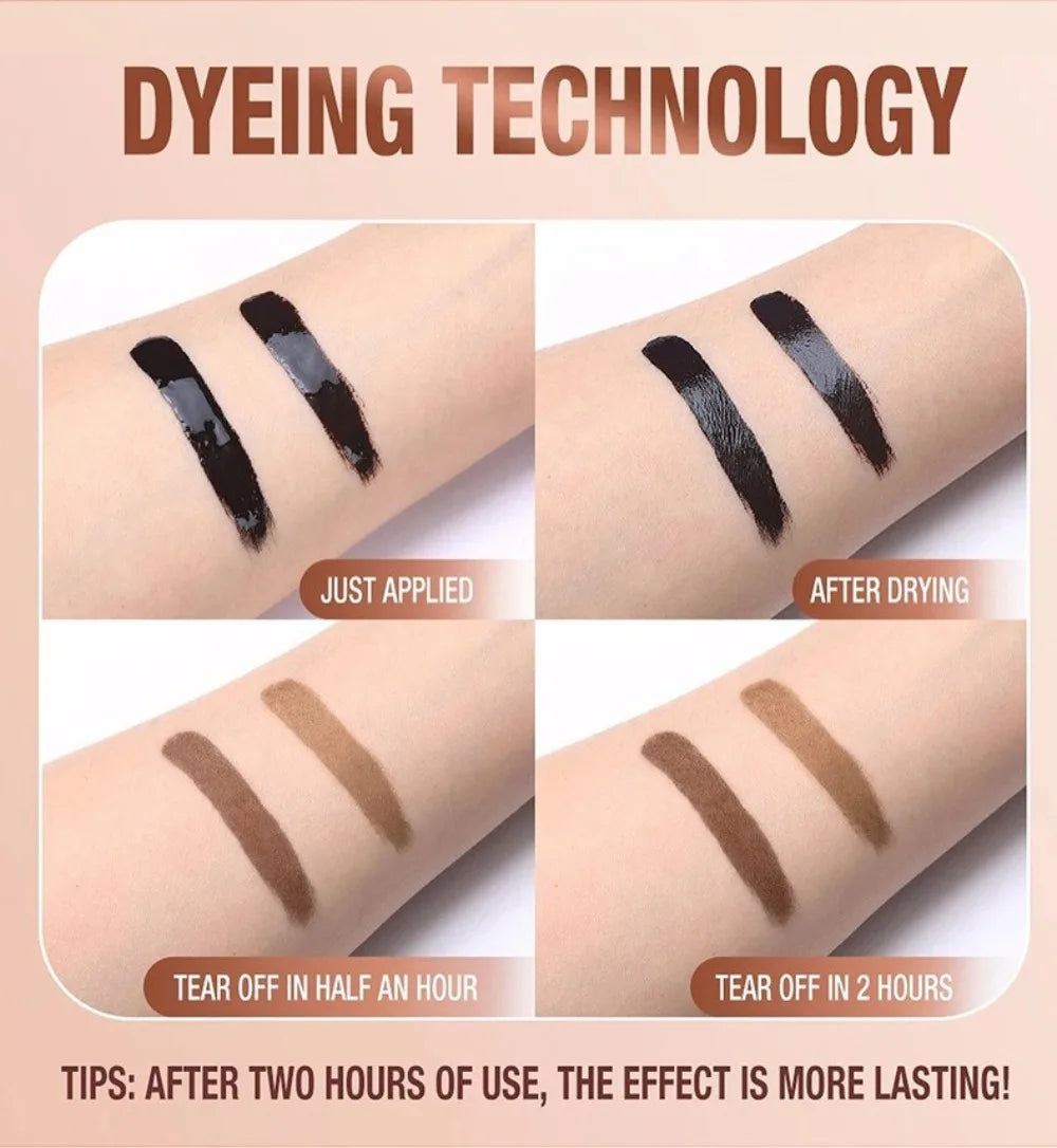 Product swatches showing dyeing technology on skin with text indicating application and drying times.