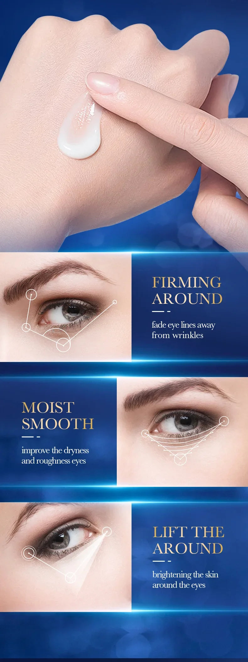 Cosmetic product application on skin with text highlighting effects on firming, moisture, and lifting.