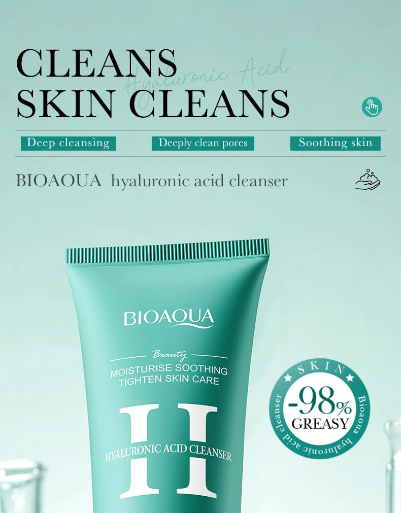 Bioaqua hyaluronic acid cleanser tube on a light green background with text highlighting product benefits.