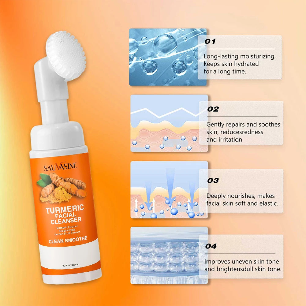 Sauvagine Turmeric Face Cleanser with product features on an orange background