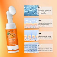 Sauvagine Turmeric Face Cleanser with product features on an orange background