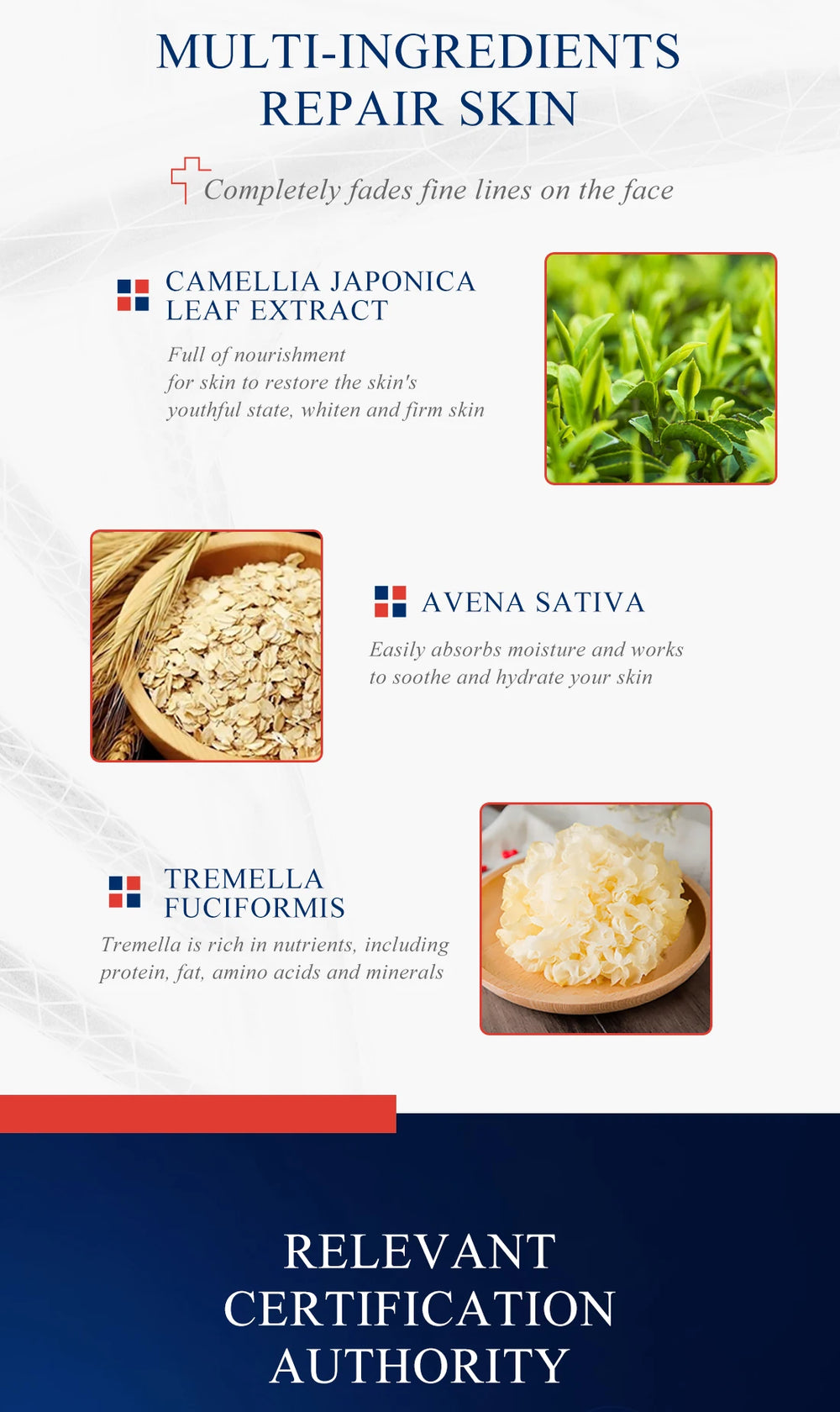 Product packaging with ingredients and benefits listed on a white background