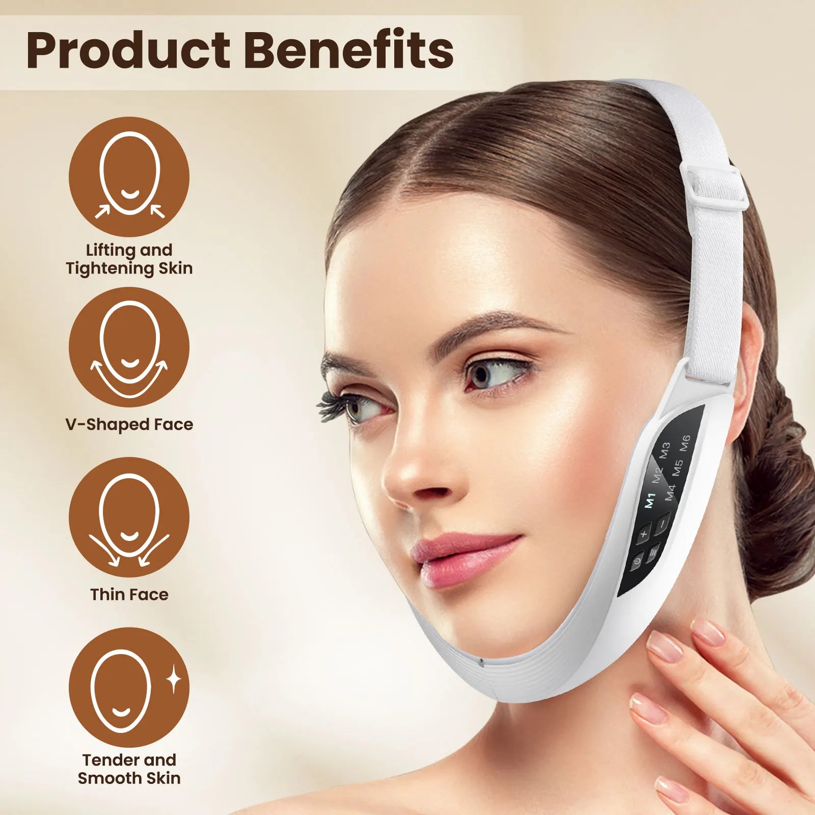 Woman wearing a facial lifting device with product benefits listed on a beige background