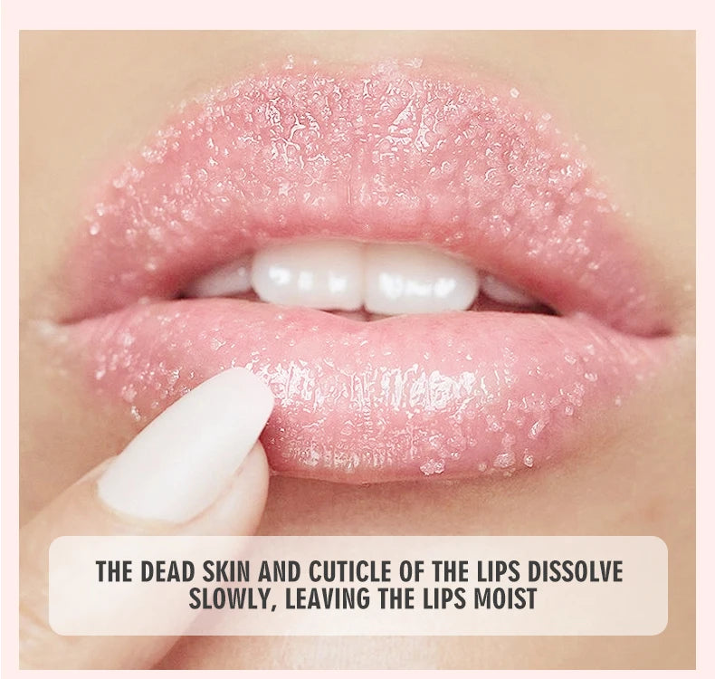 Close-up of lips with a lip scrub application and text about product benefits.