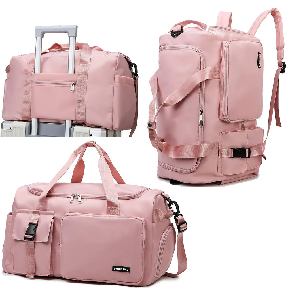 Pink travel bags including a duffel, backpack, and suitcase on a white background